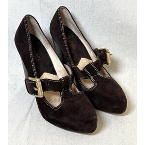 Michael Kors Annabelle T-Strap Brown Suede Platform Pump Heels Buckle Wmns 7M